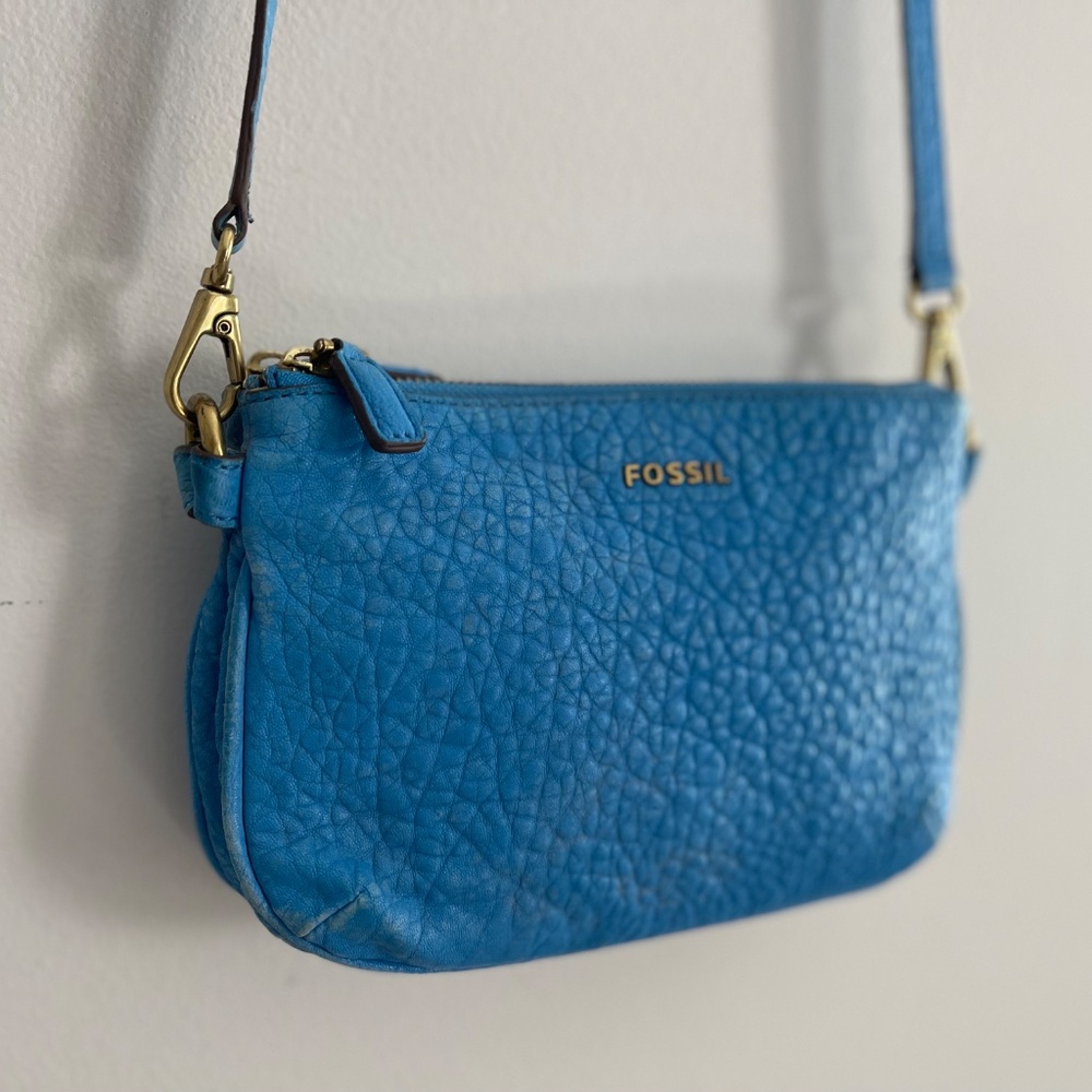 Fossil Memoir Pebbled Leather Sky Blue Crossbody Bag Turquoise Purse Coastal - Picture 13 of 16